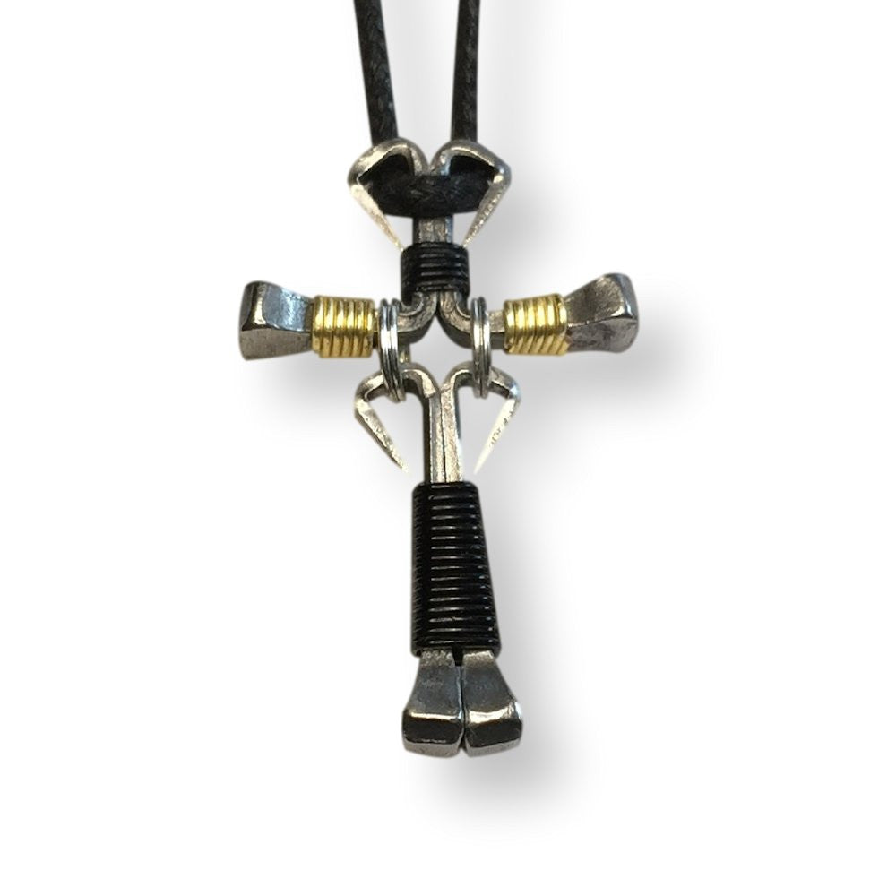 Dangle Black & Gold Horseshoe Nail Cross Necklace