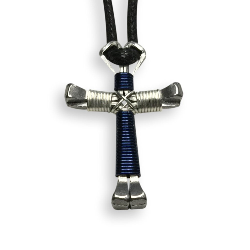 Blue & Silver Horseshoe Nail Cross Necklace