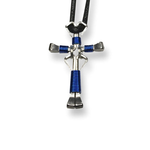 Dangle Blue Horseshoe Nail Cross Necklace