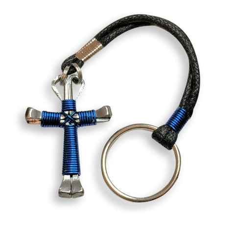 Blue Horseshoe Nail Cross Key Chain