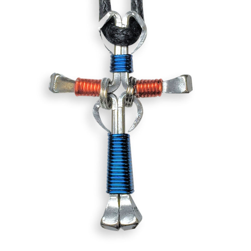 Dangle Blue & Orange Horseshoe Nail Cross Necklace