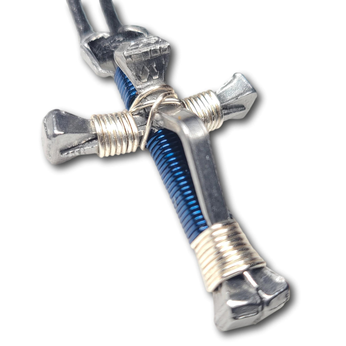 5 Nail Dark Blue and Silver Horseshoe Nail Cross