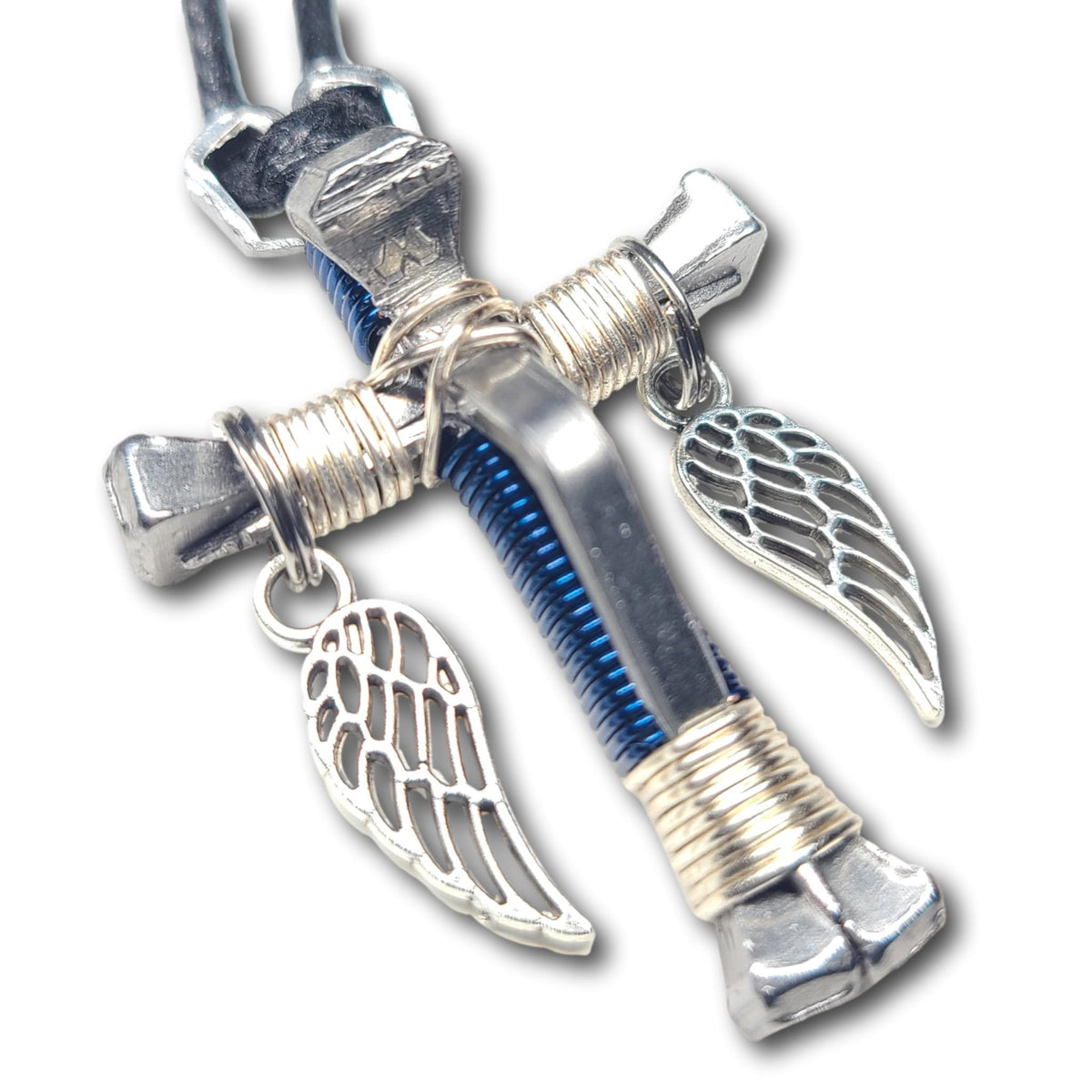 5 Nail Dark Blue and Silver Horseshoe Nail Cross