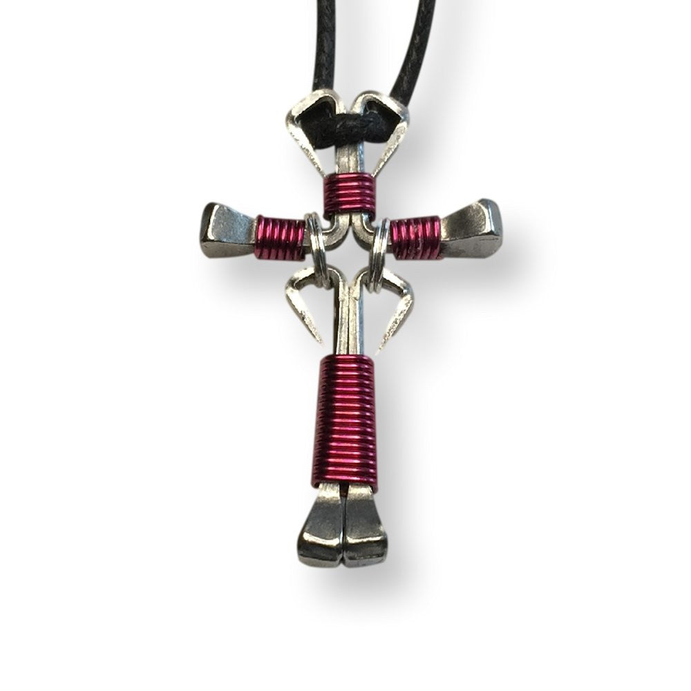 Dangle Burgundy Horseshoe Nail Cross Necklace