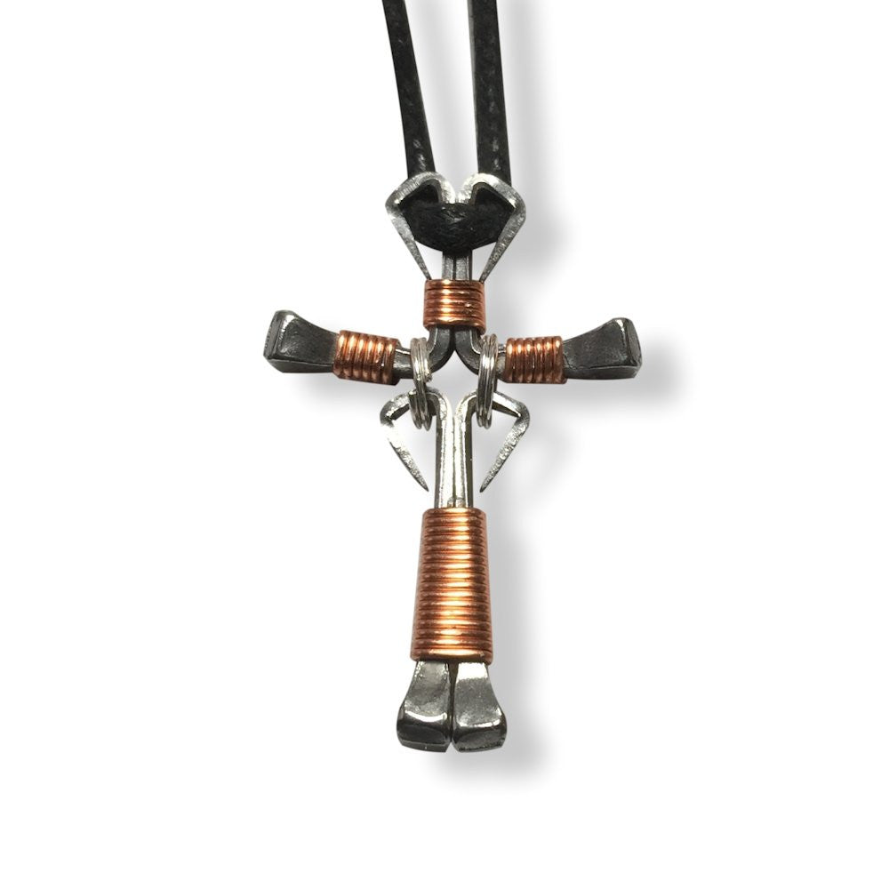 Dangle Copper Horseshoe Nail Cross Necklace