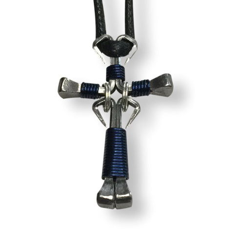 Dangle Dark Blue Horseshoe Nail Cross Necklace