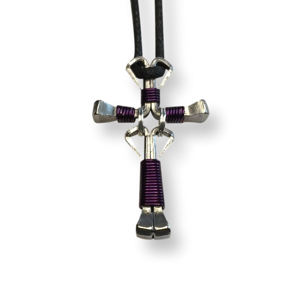 Dangle Dark Purple Horseshoe Nail Cross Necklace