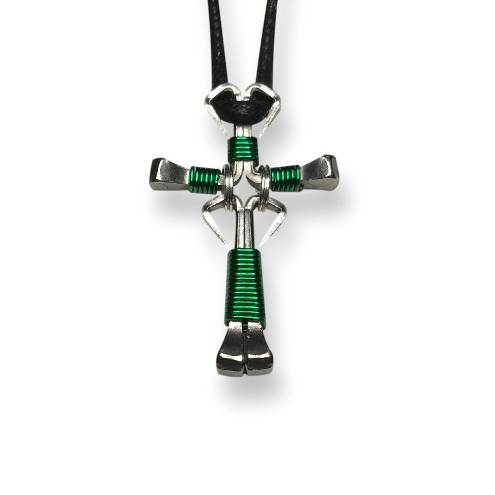 Dangle Green Horseshoe Nail Cross Necklace
