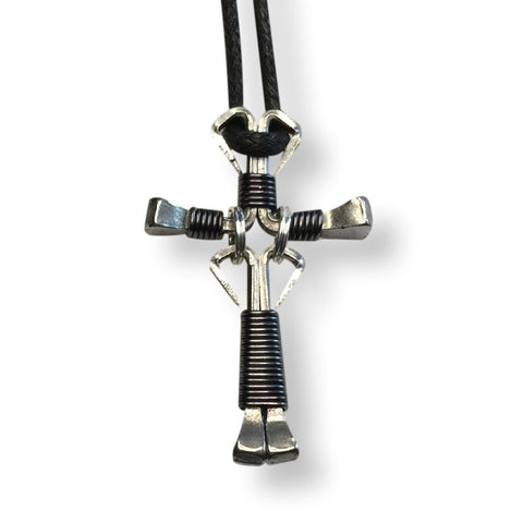 Dangle Gunmetal Horseshoe Nail Cross Necklace