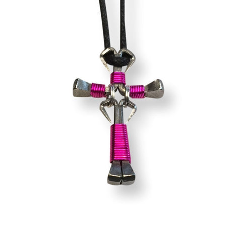 Dangle Hot Pink Horseshoe Nail Cross Necklace