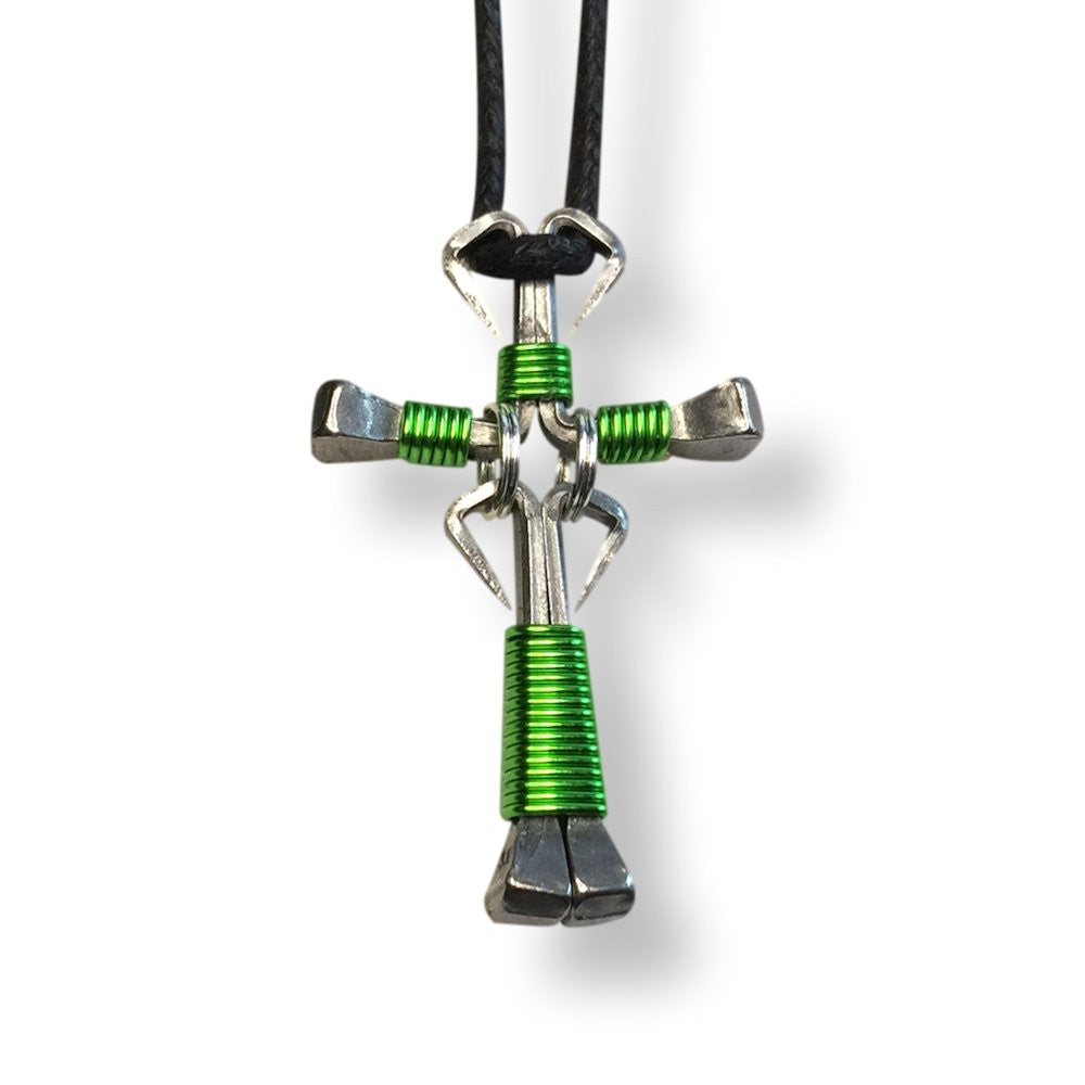 Dangle Lime Green Horseshoe Nail Cross Necklace