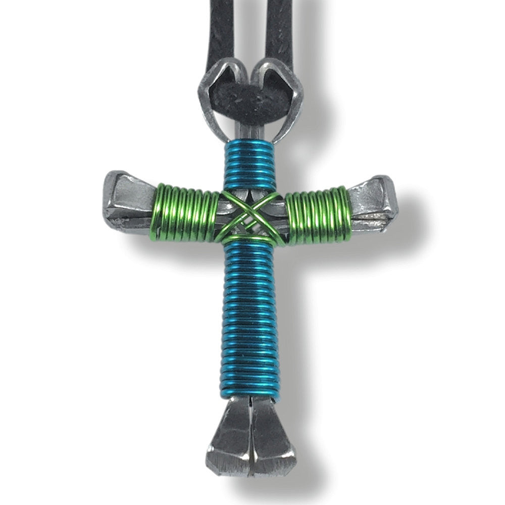 Peacock Blue & Lime Green Horseshoe Nail Cross Necklace