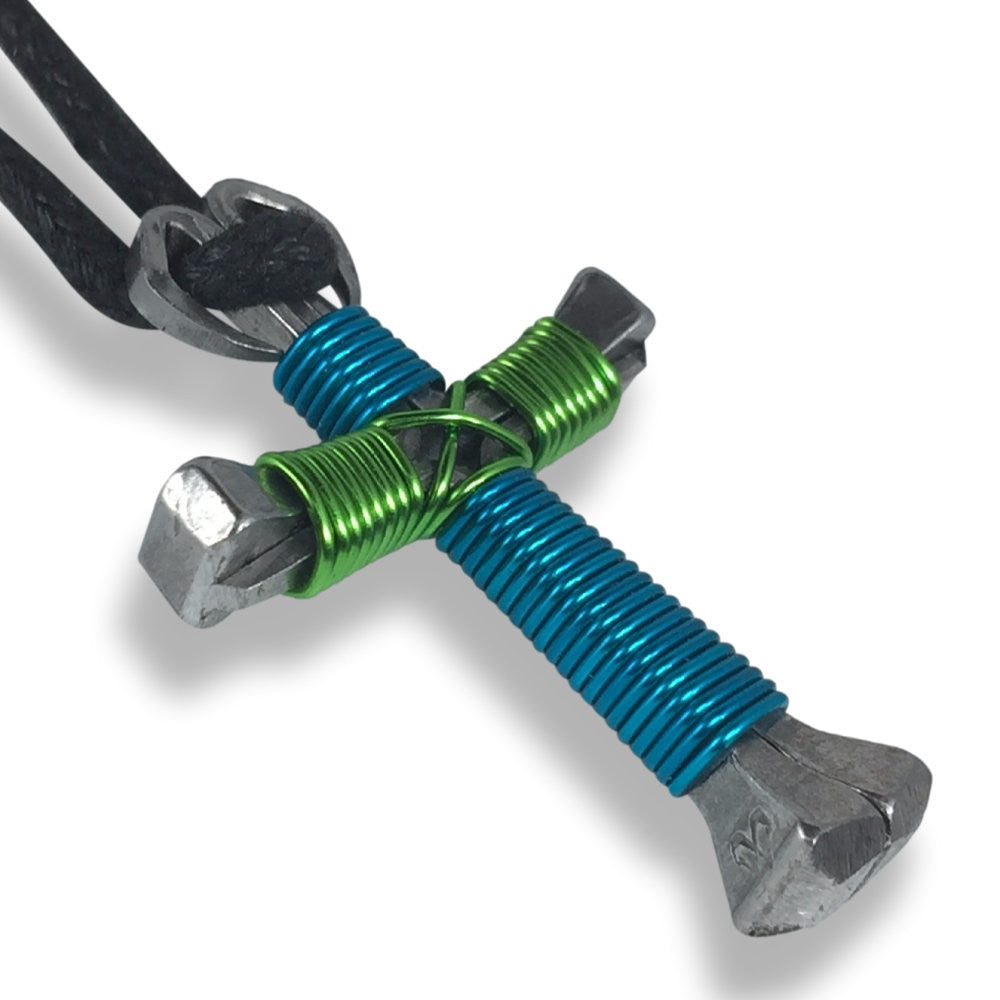 Peacock Blue & Lime Green Horseshoe Nail Cross Necklace