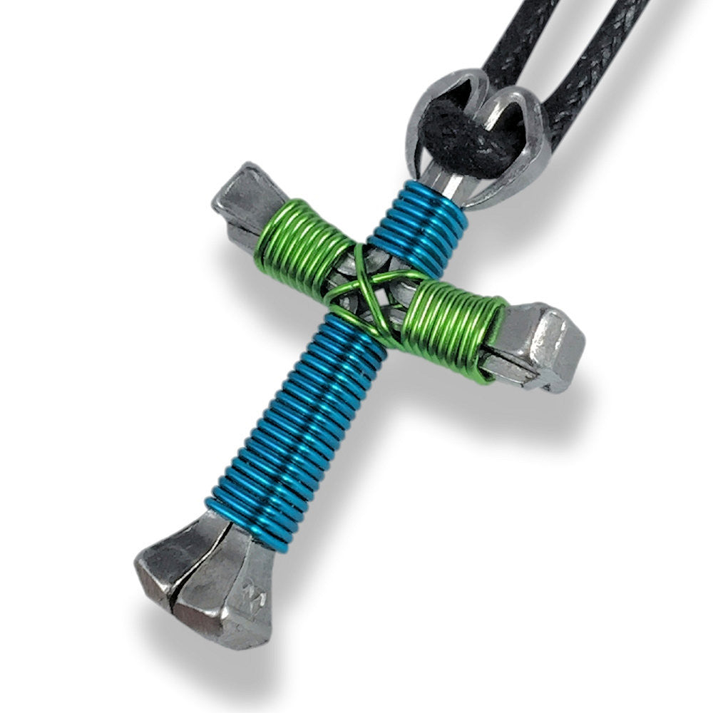Peacock Blue & Lime Green Horseshoe Nail Cross Necklace