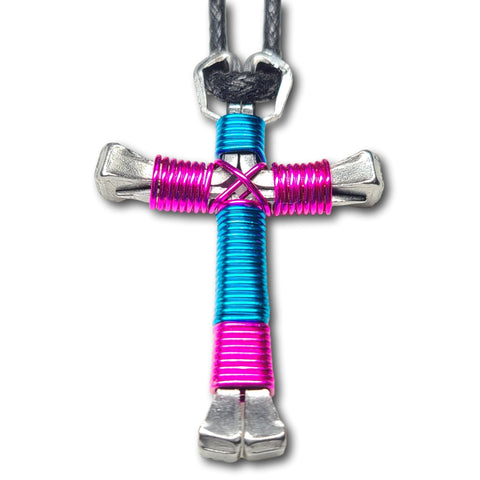 Sport Peacock Blue and Hot Pink Horseshoe Nail Cross