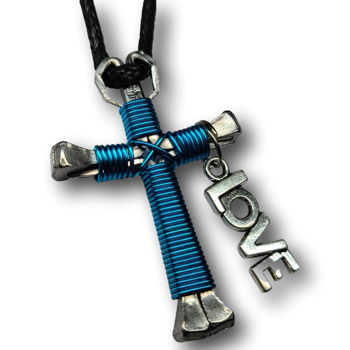 Peacock Blue Horseshoe Nail Cross Zipper Pull