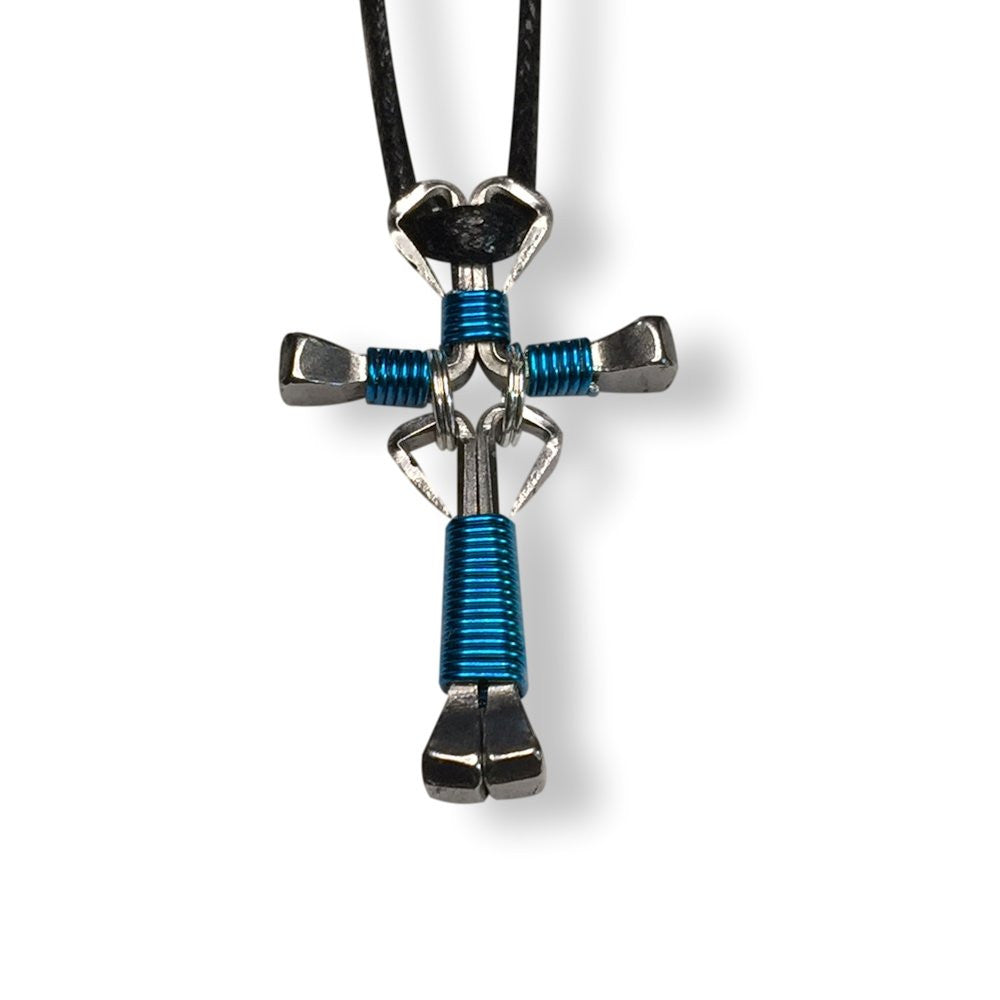 Dangle Peacock Blue Horseshoe Nail Cross Necklace