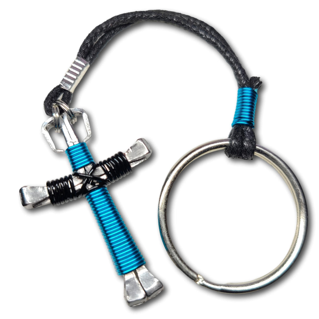 Peacock Blue and Black Horseshoe Nail Cross Key Chain