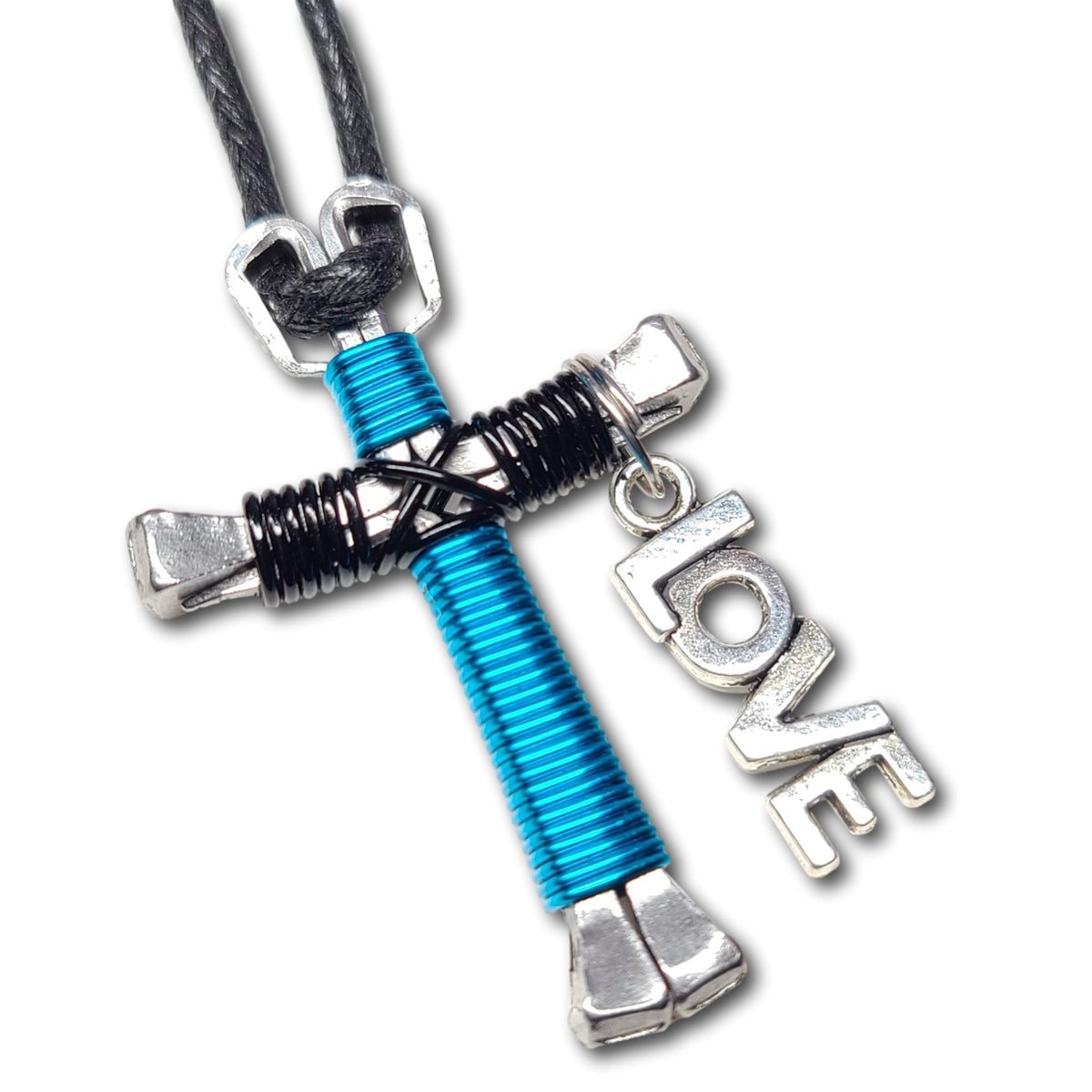 Peacock Blue and Black Horseshoe Nail Cross Key Chain