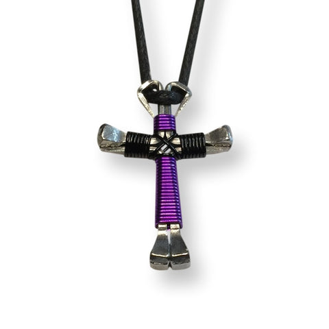 Purple & Black Horseshoe Nail Cross Necklace
