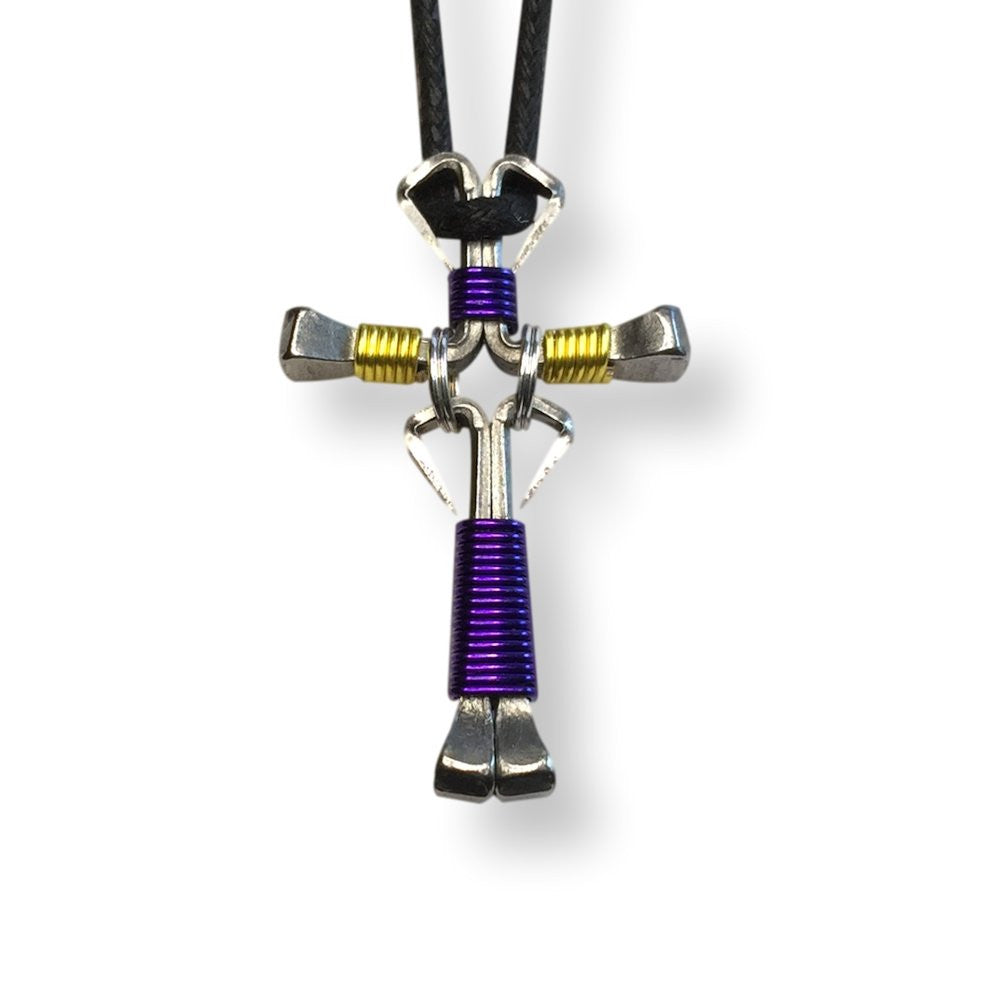Dangle Purple & Yellow Horseshoe Nail Cross Necklace