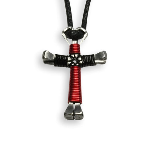 Red & Black Horseshoe Nail Cross Necklace