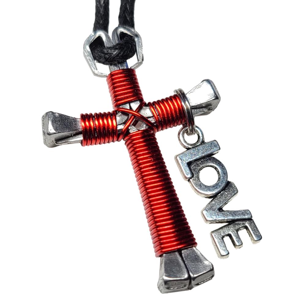 Red Horseshoe Nail Cross Necklace