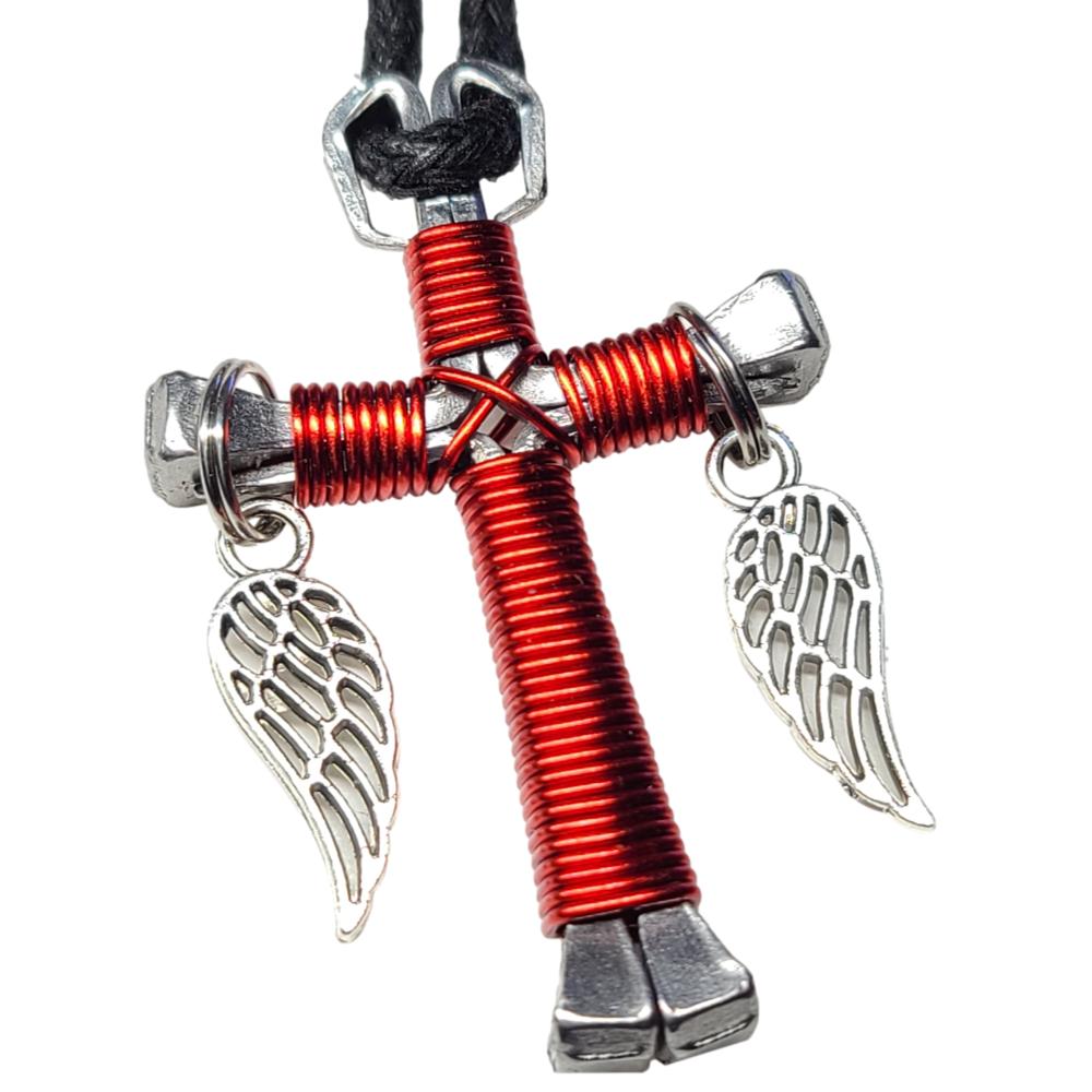 Red Horseshoe Nail Cross Necklace