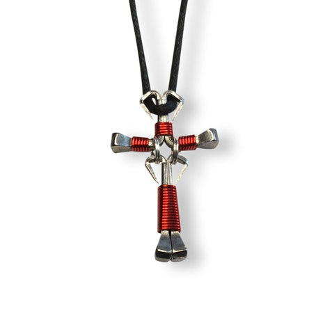 Dangle Red Horseshoe Nail Cross Necklace
