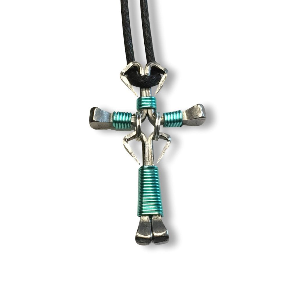 Dangle Seafoam Green Horseshoe Nail Cross Necklace