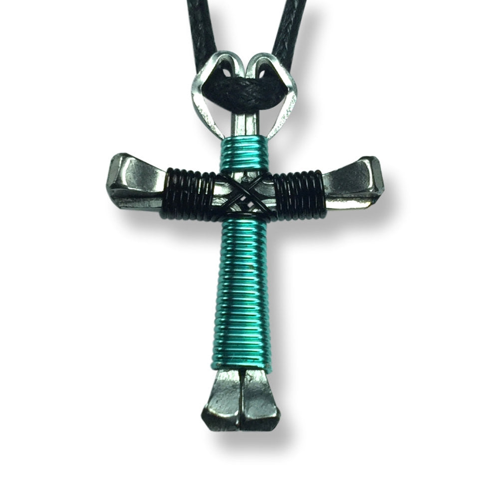 Seafoam Green & Black Horseshoe Nail Cross Necklace