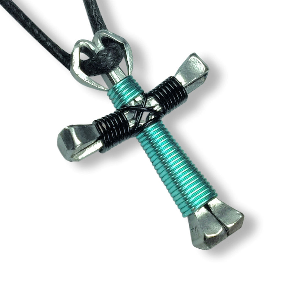 Seafoam Green & Black Horseshoe Nail Cross Necklace