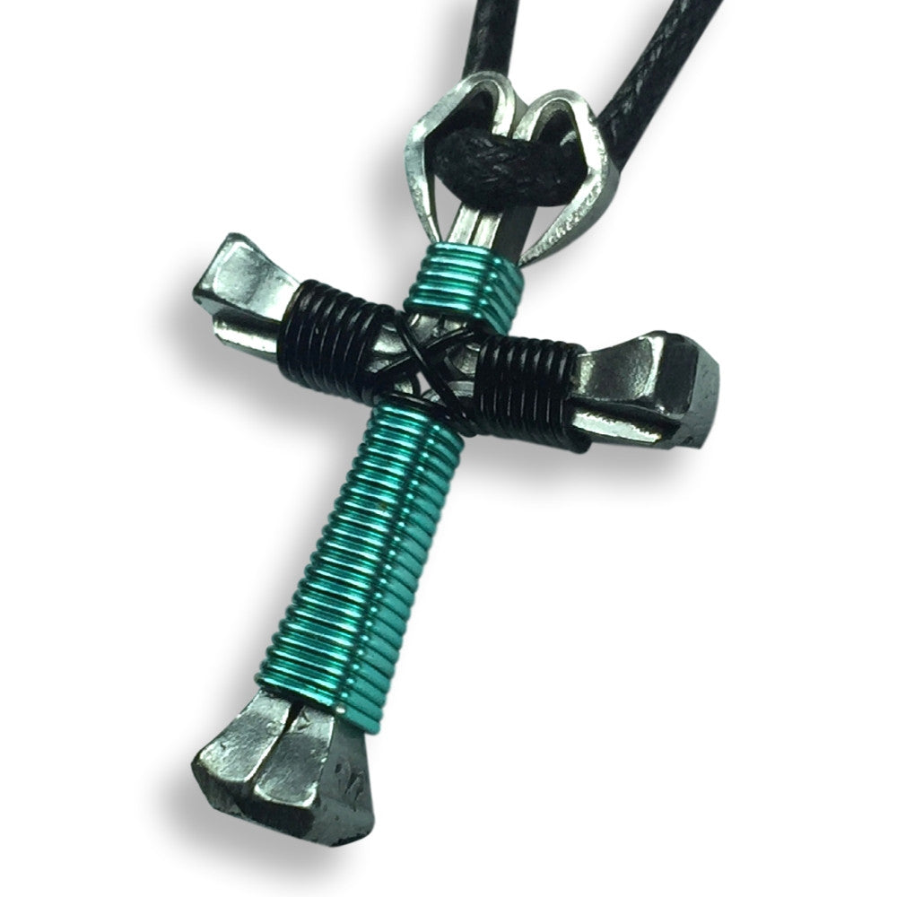 Seafoam Green & Black Horseshoe Nail Cross Necklace